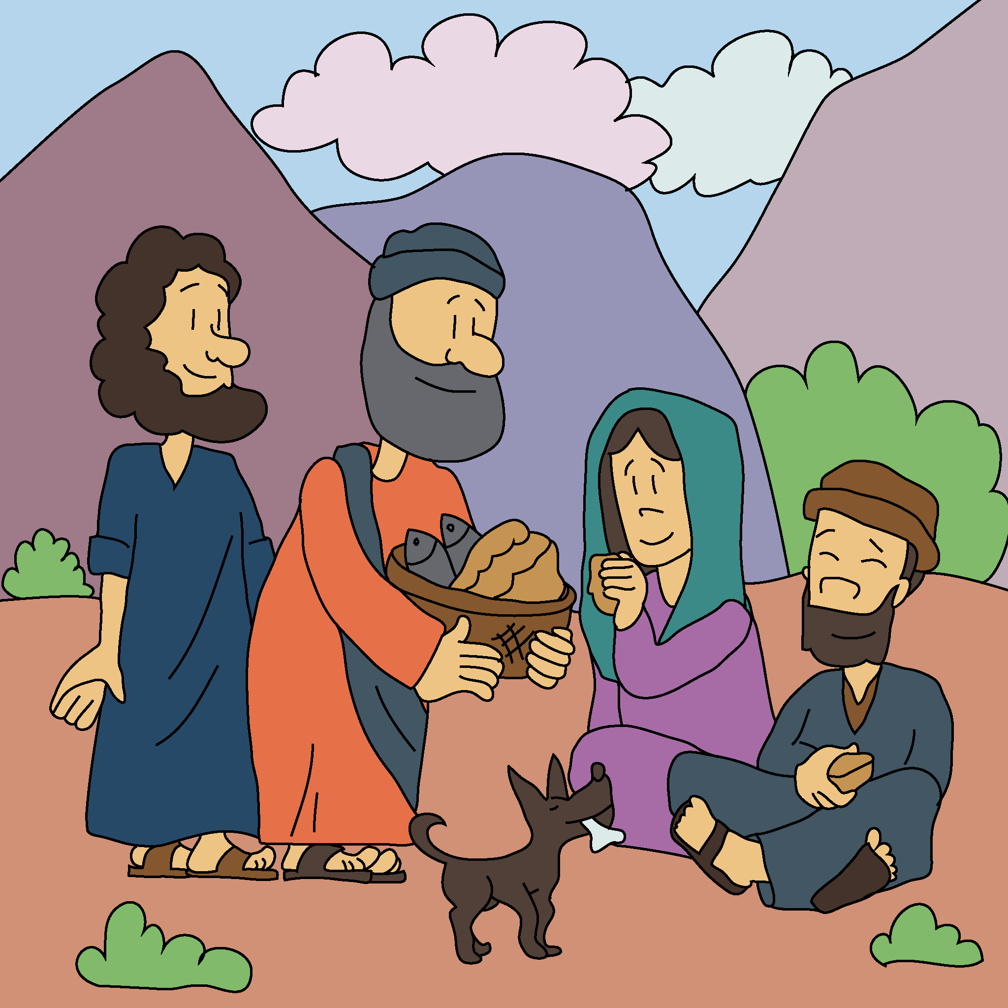 Jesus feeds 5000 people with bread and fish