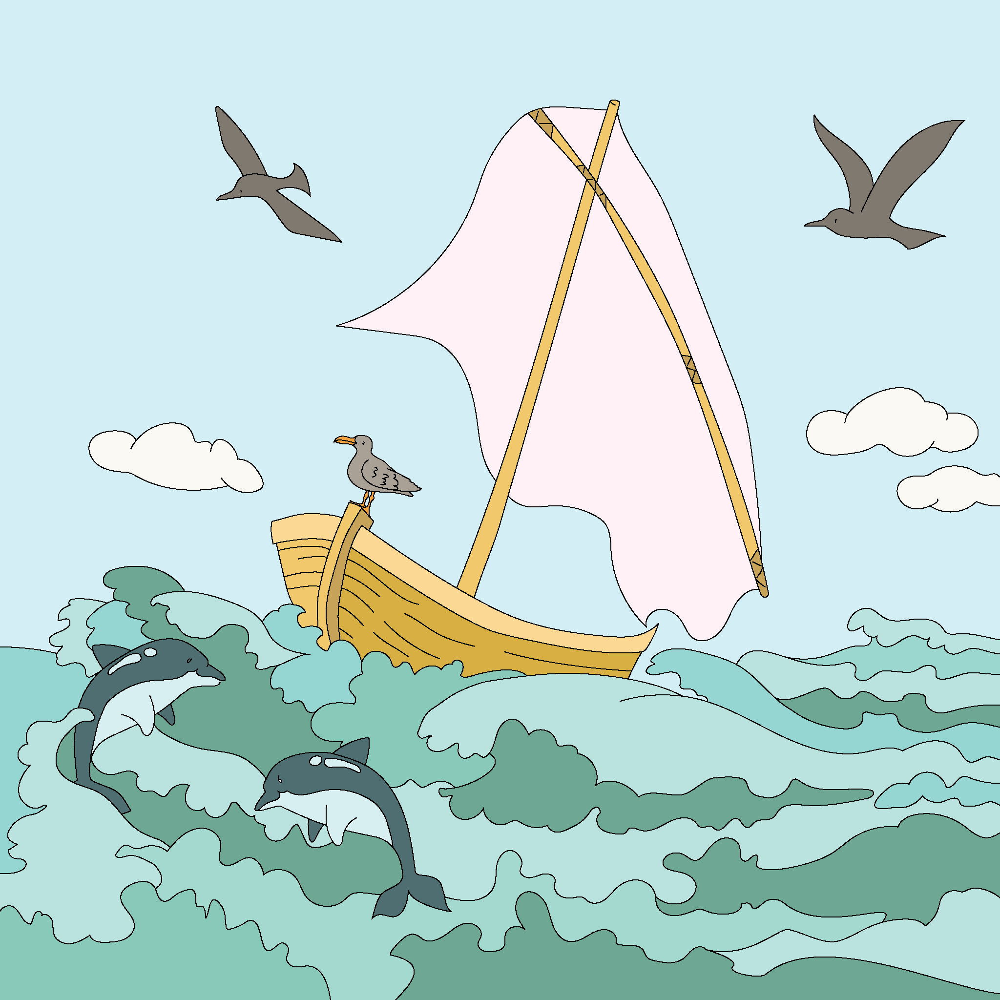 Paul sails on the sea with dolphins