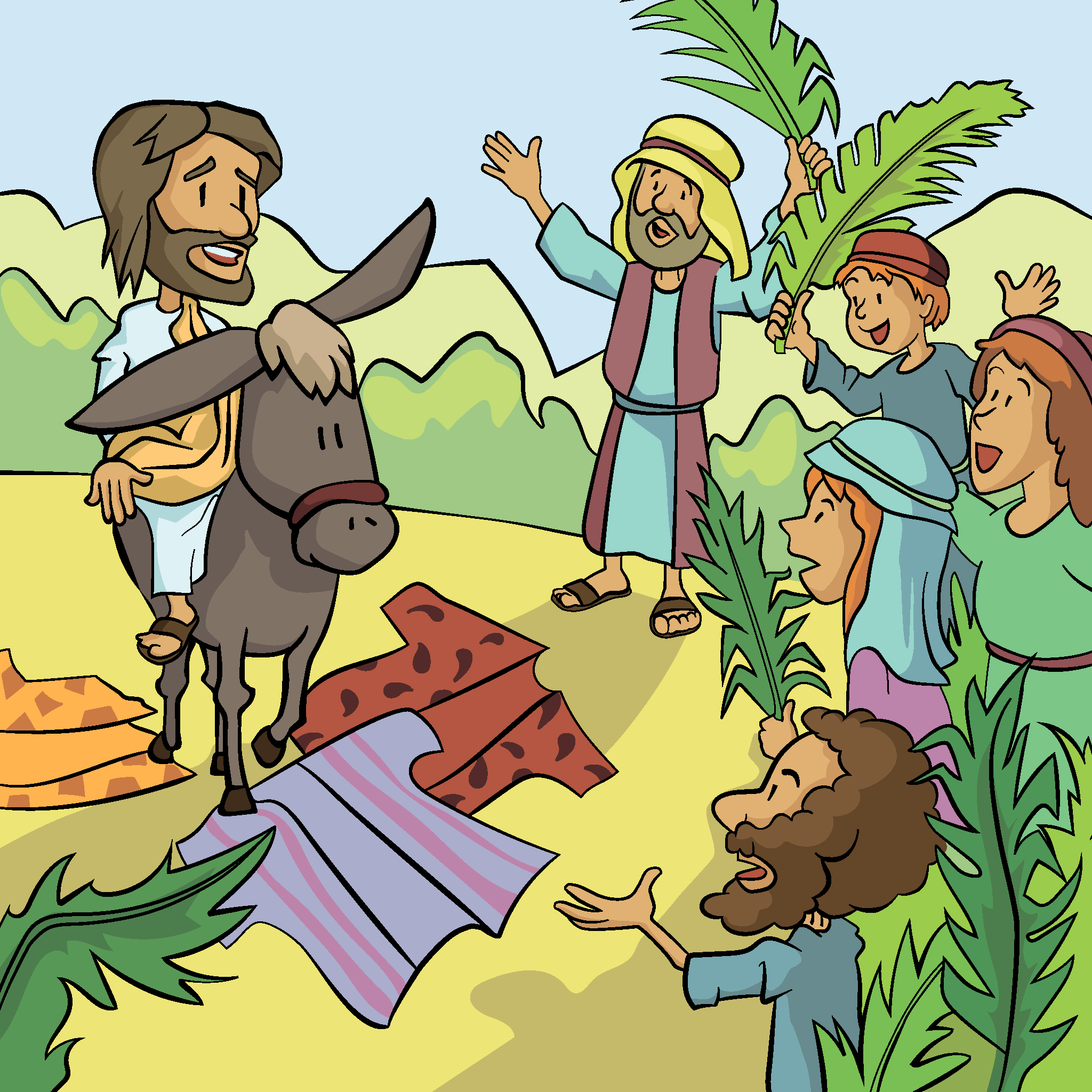 Jesus rides a donkey into Jerusalem