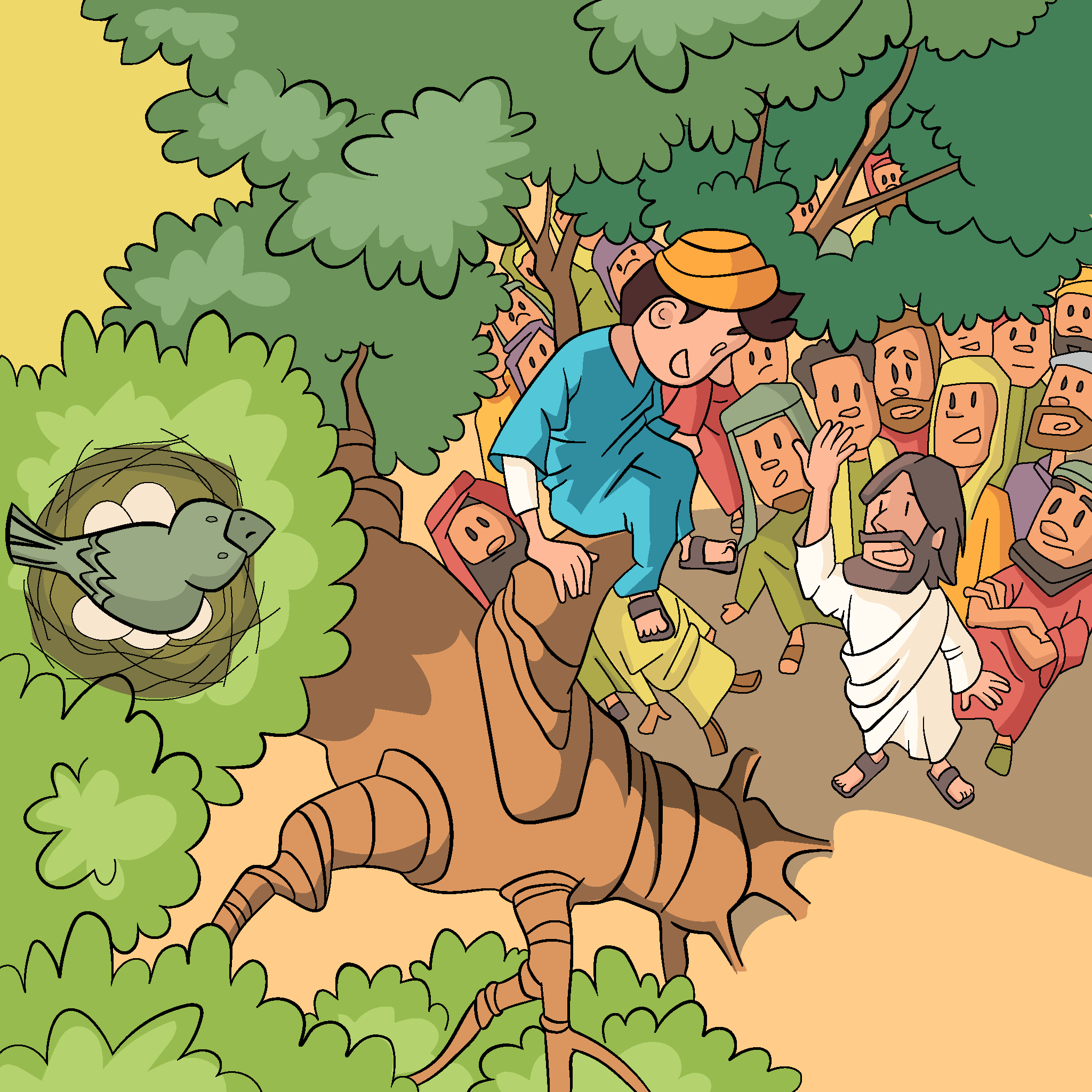 Zacchaeus climbs a tree to see Jesus.
