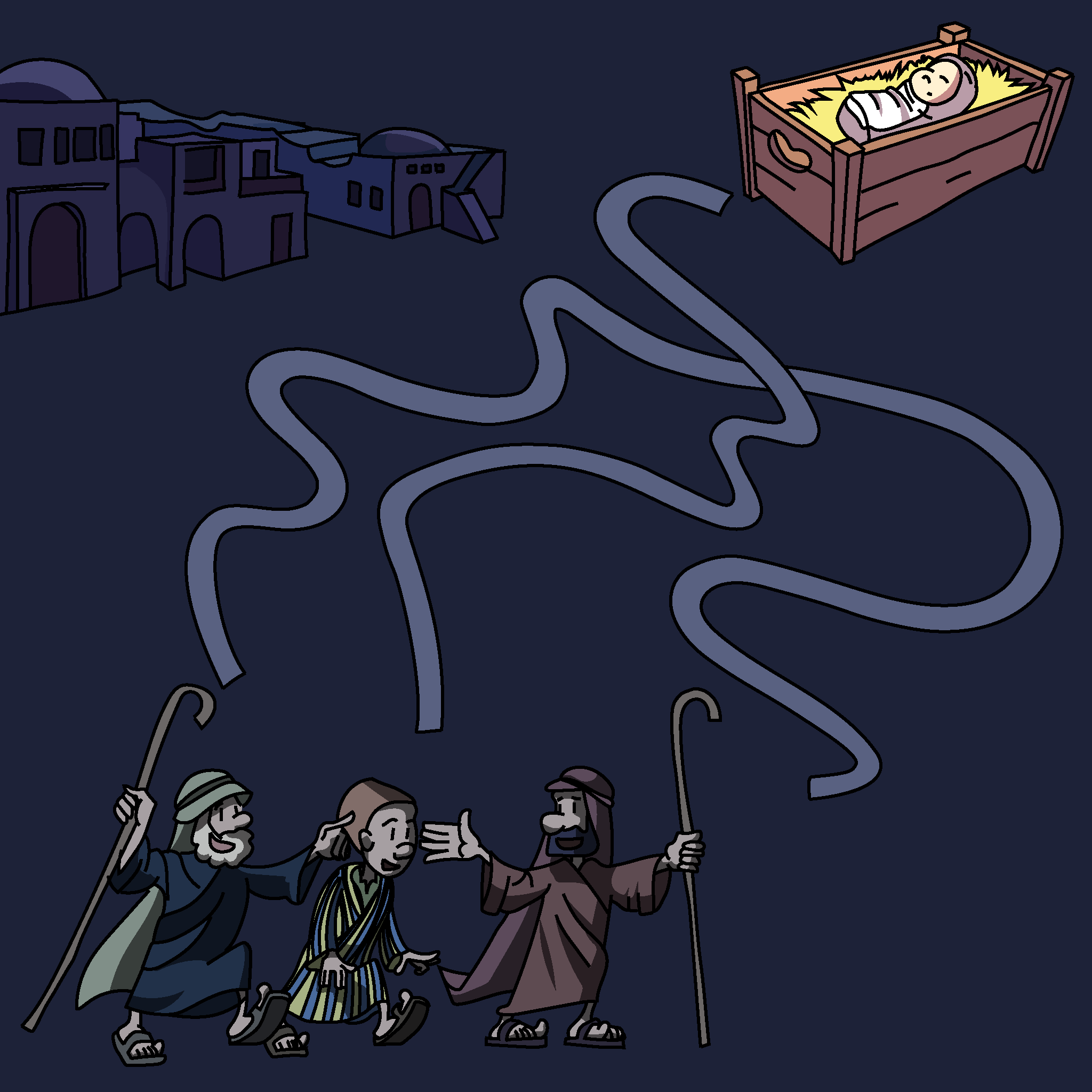 Shepherds find baby Jesus in Bethlehem.
