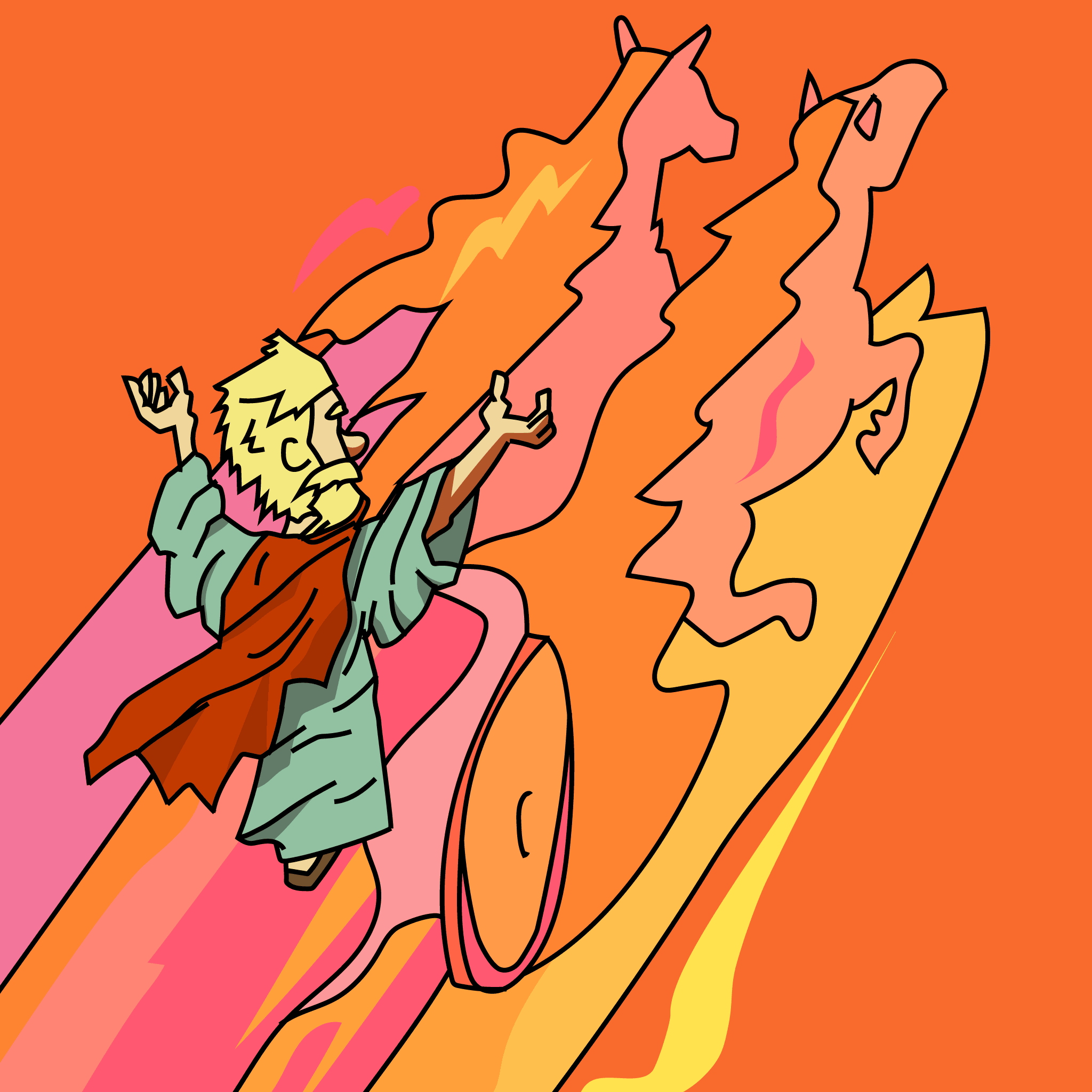 Elijah Goes to Heaven in a Fiery Chariot.
