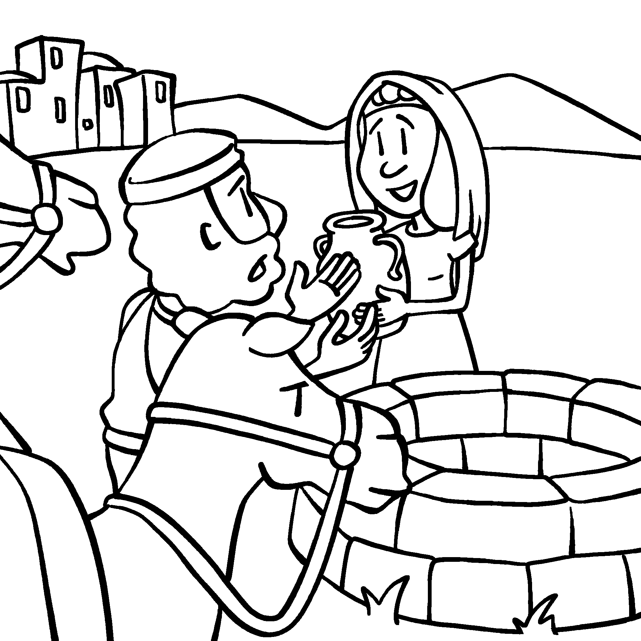 Rebekah helps Abraham's servant at the well