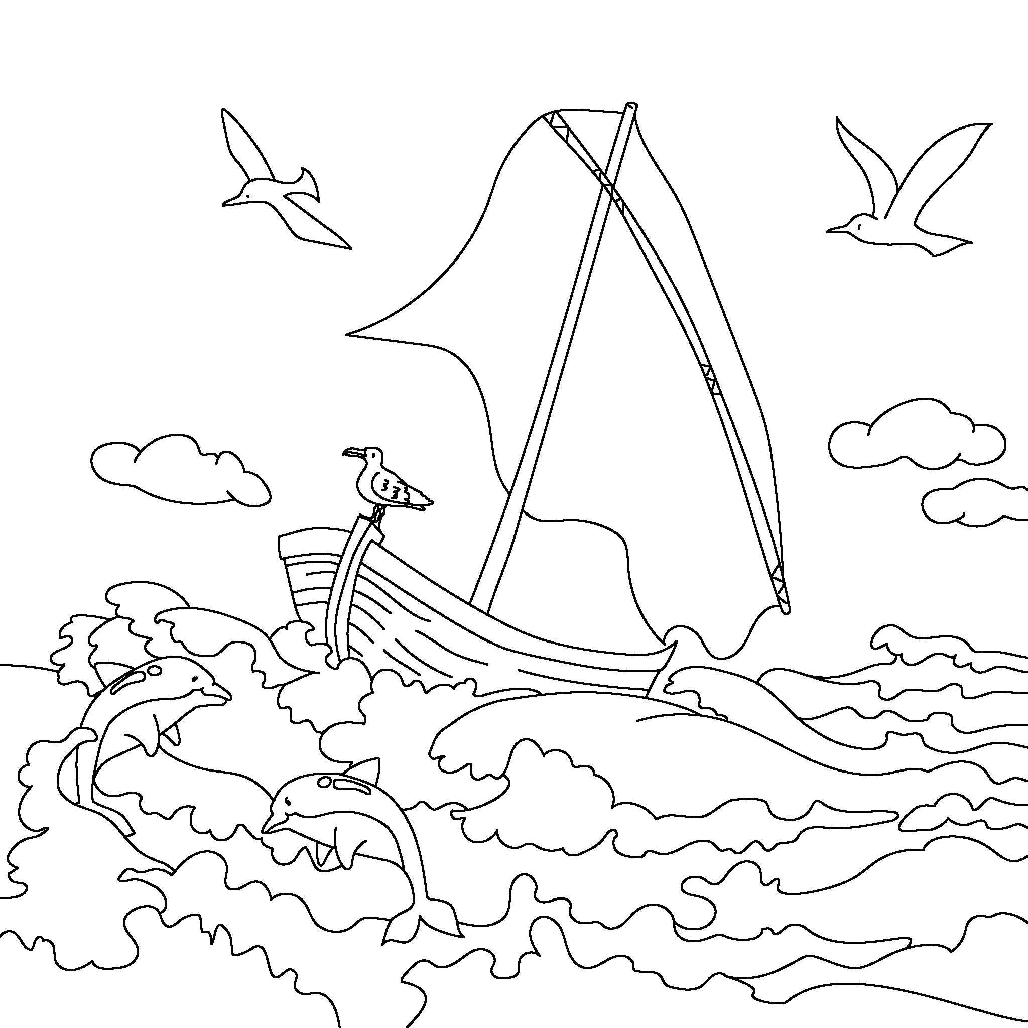 Paul sails on the sea with dolphins