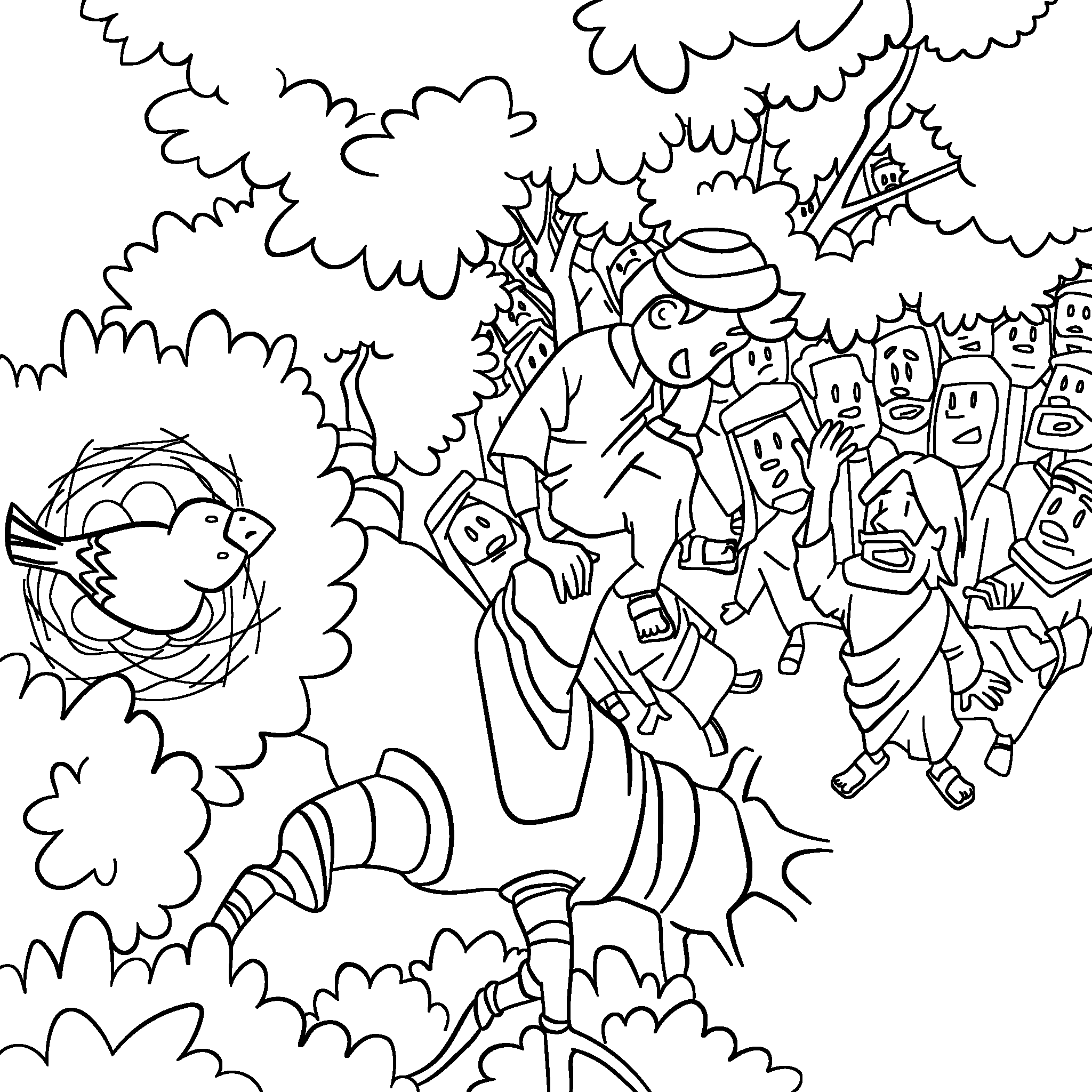 Zacchaeus climbs a tree to see Jesus.