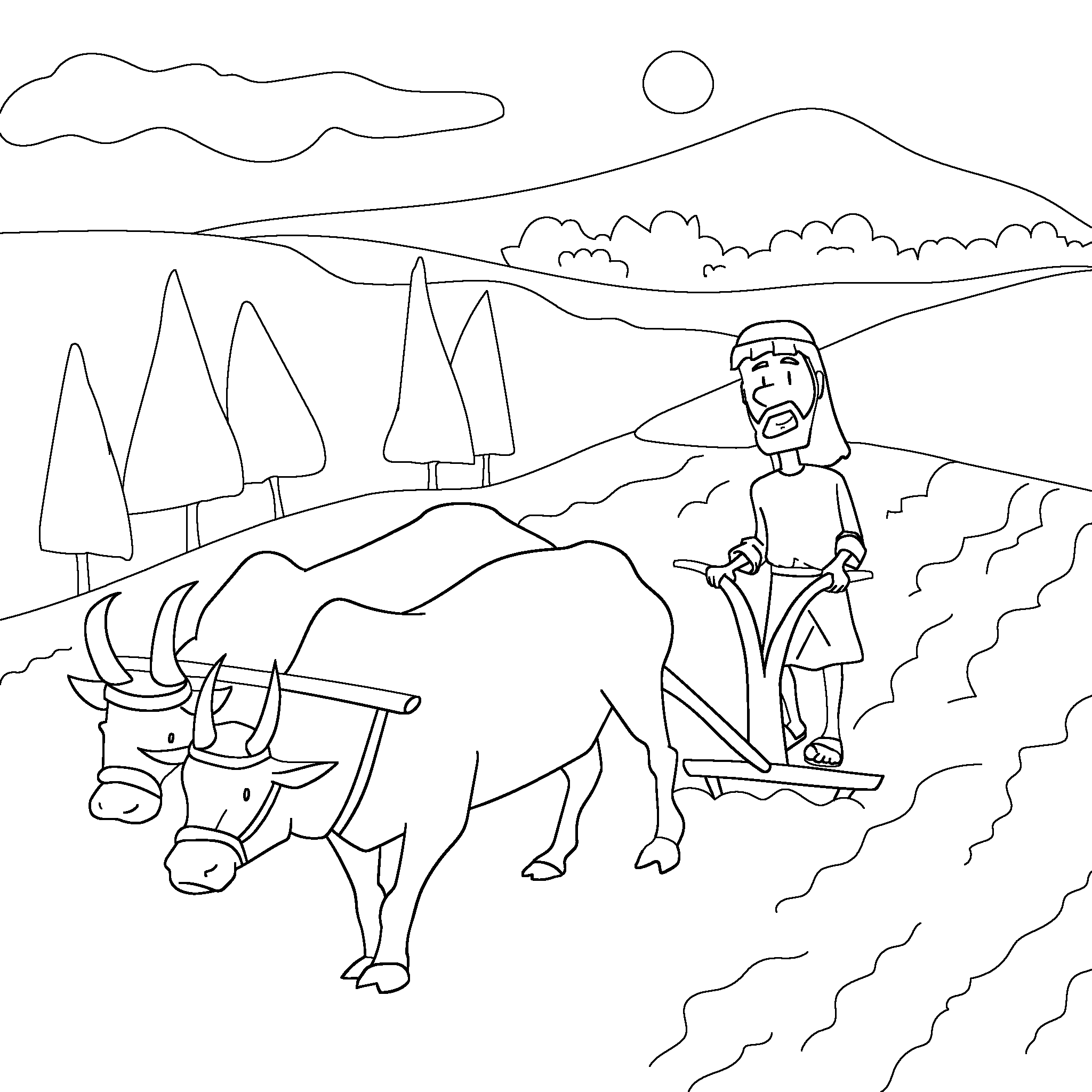 Elisha Plows a Field with Oxen.